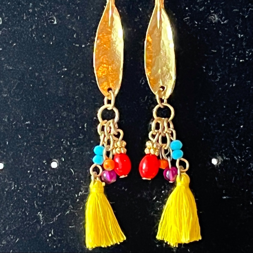 Gold Leaf Beaded Tassel Earrings